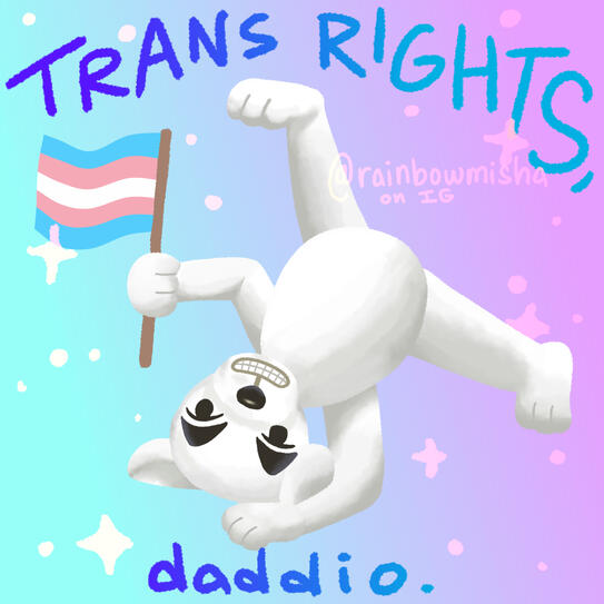 KK Slider from Animal Crossing in a funny upside pose, holding a transgender pride flag. the image states "trans rights, daddio"